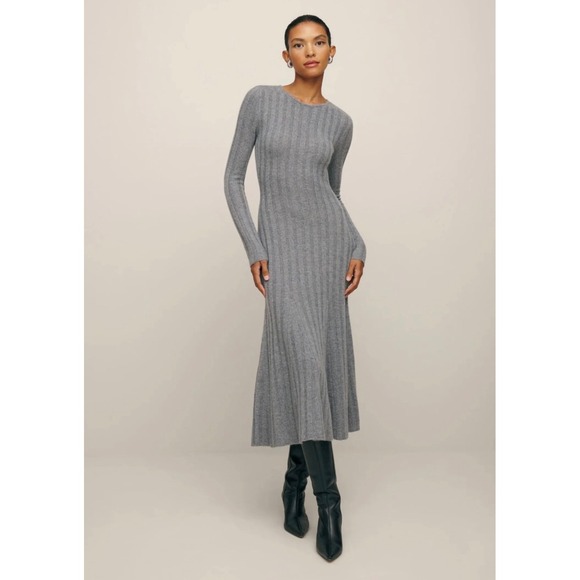 Reformation Dresses & Skirts - Reformation Grey Ribbed Cashmere Blend Long Sleeve Midi Dress XS Keyhole Back